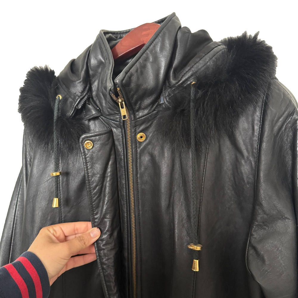 Worthington Womens Genuine Leather Coat Large Black Hooded Faux Fur Trim Luxury - Picture 6 of 16